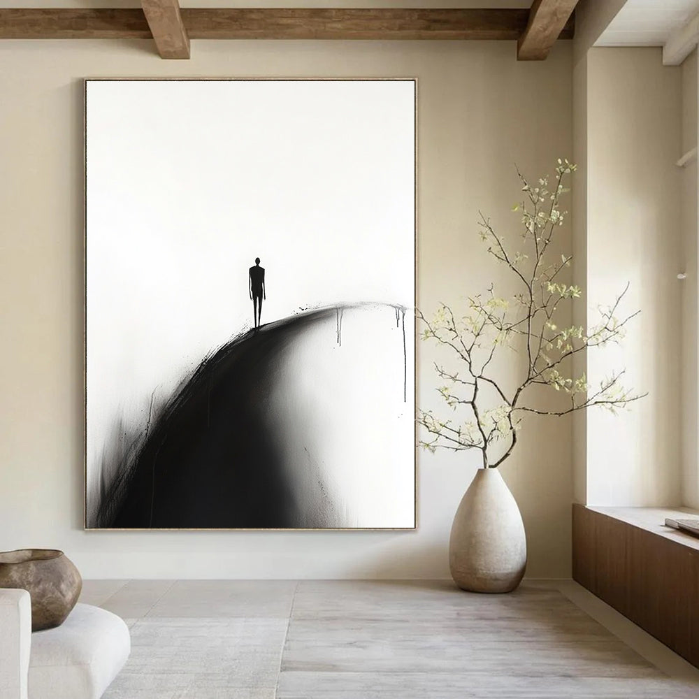 A large abstract painting featuring a silhouette of a man walking along a curved road on a white background in a minimalist style.STSC1331