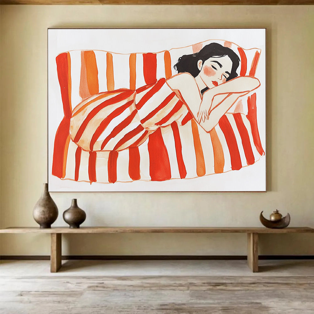 An abstract gouache illustration features a woman on a striped couch with bright red and orange stripes against a white background.SC573