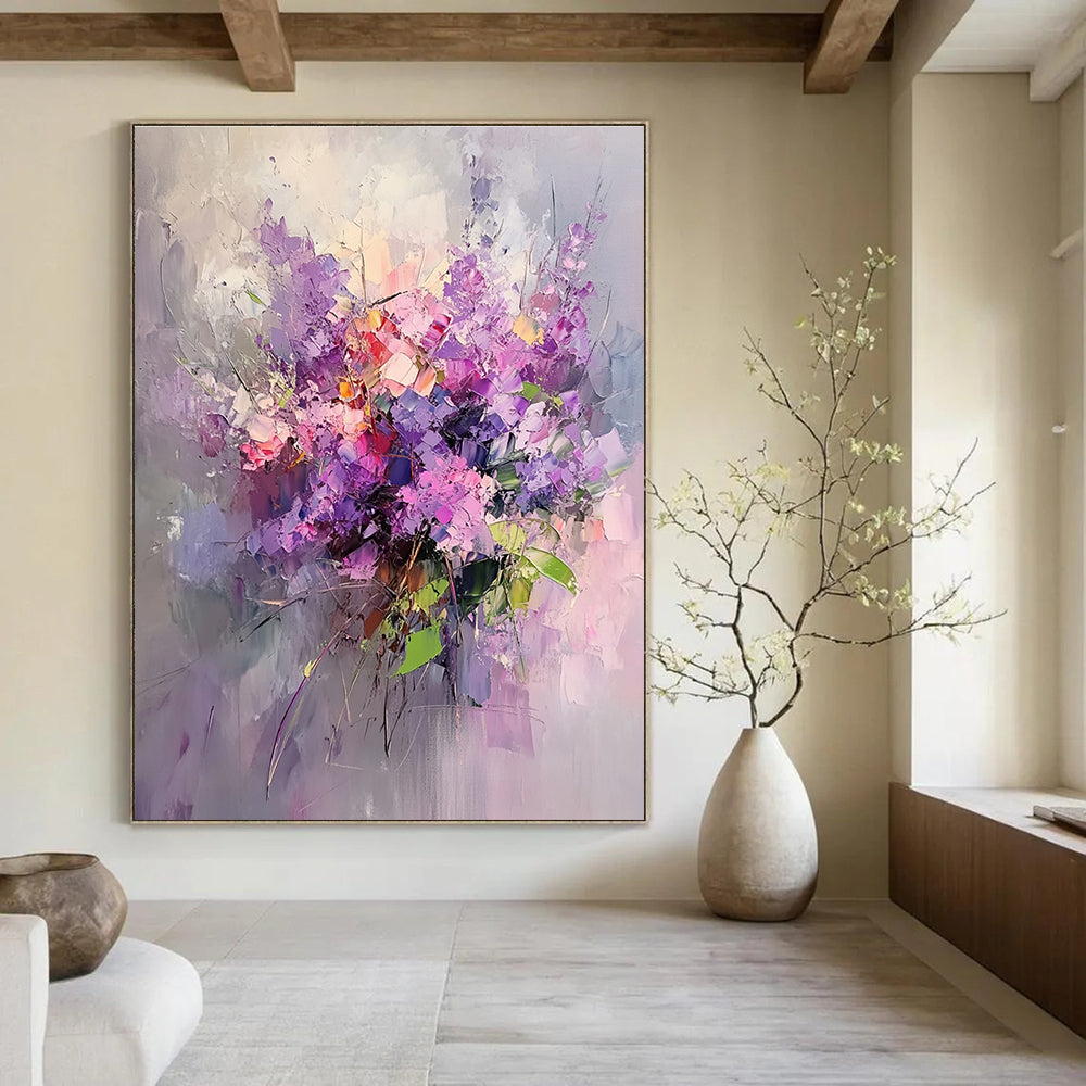 Large abstract oil painting of lilac flowers with purple petals and pink leaves on a light background featuring rich details and delicate textures.STSC926