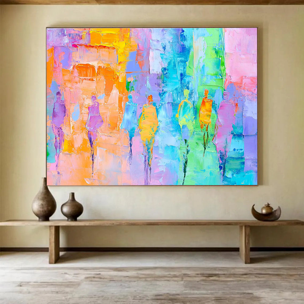 Large abstract painting of a parade featuring pastel colors and expressive brushstrokes in light blue pink green yellow and orangeSC177