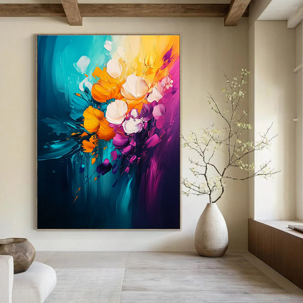 Large abstract painting featuring vibrant yellow teal orange pink purple and white florals on a dark background with dynamic brush strokes.STSC051
