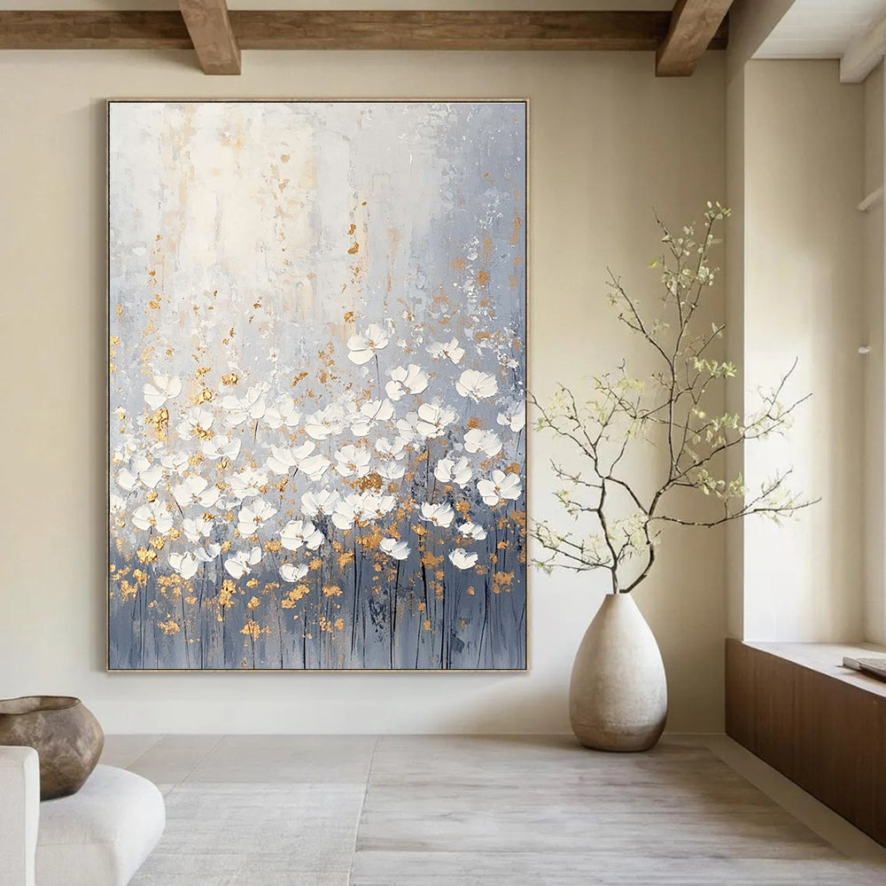 Large abstract painting of light gray and white wildflowers with muted colors and gold accents in a boho style.STSC318