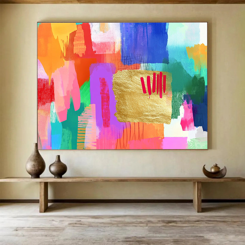 Colorful Abstract with Gold Accent Painting in Vibrant Hues DYP455