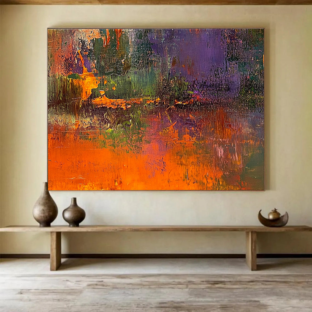 Large abstract painting of the great swamp featuring dark green and orange tones with rich textures and blurred background highlighting vibrant details.SC358