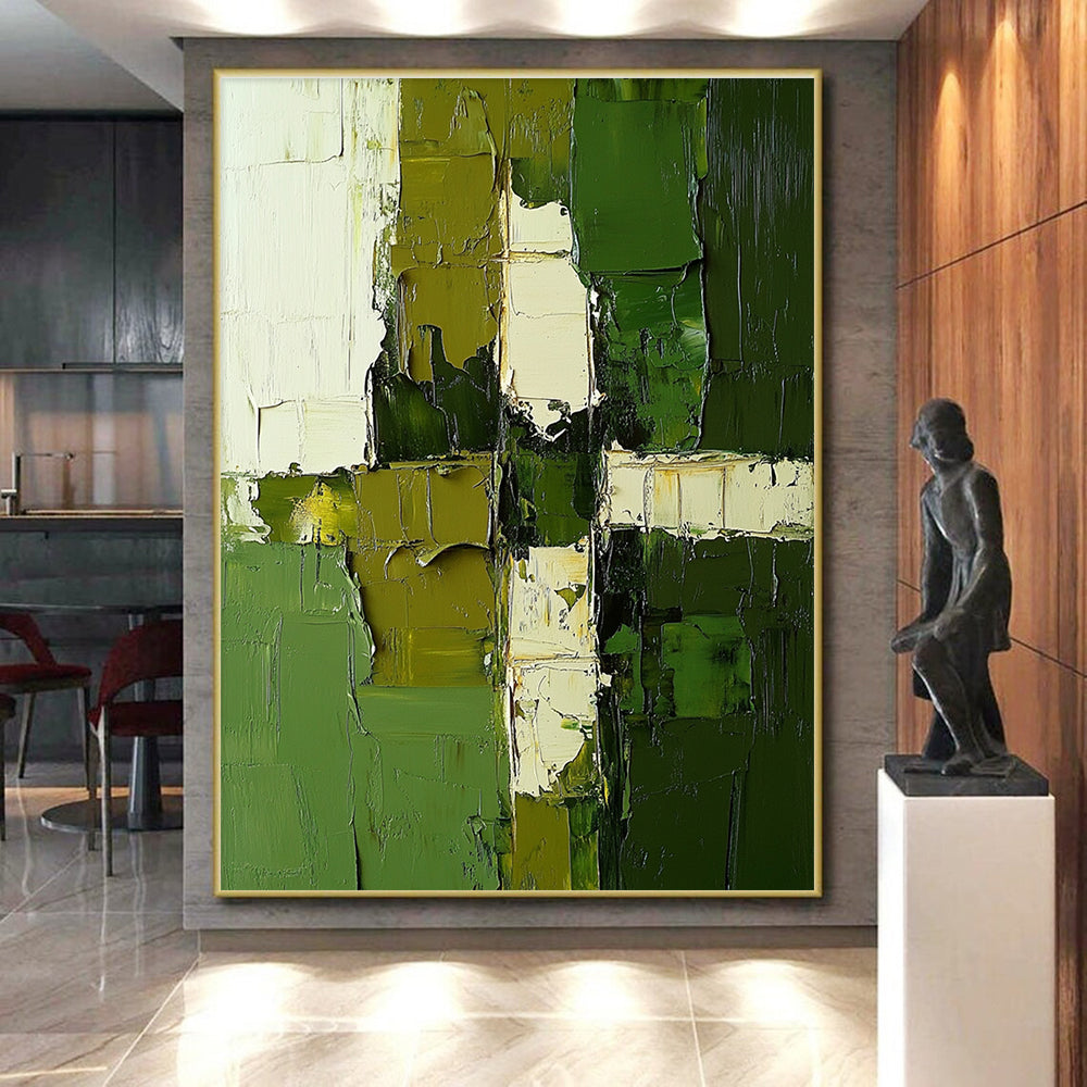 Green and White Abstract Painting with Patchwork Textures GER606