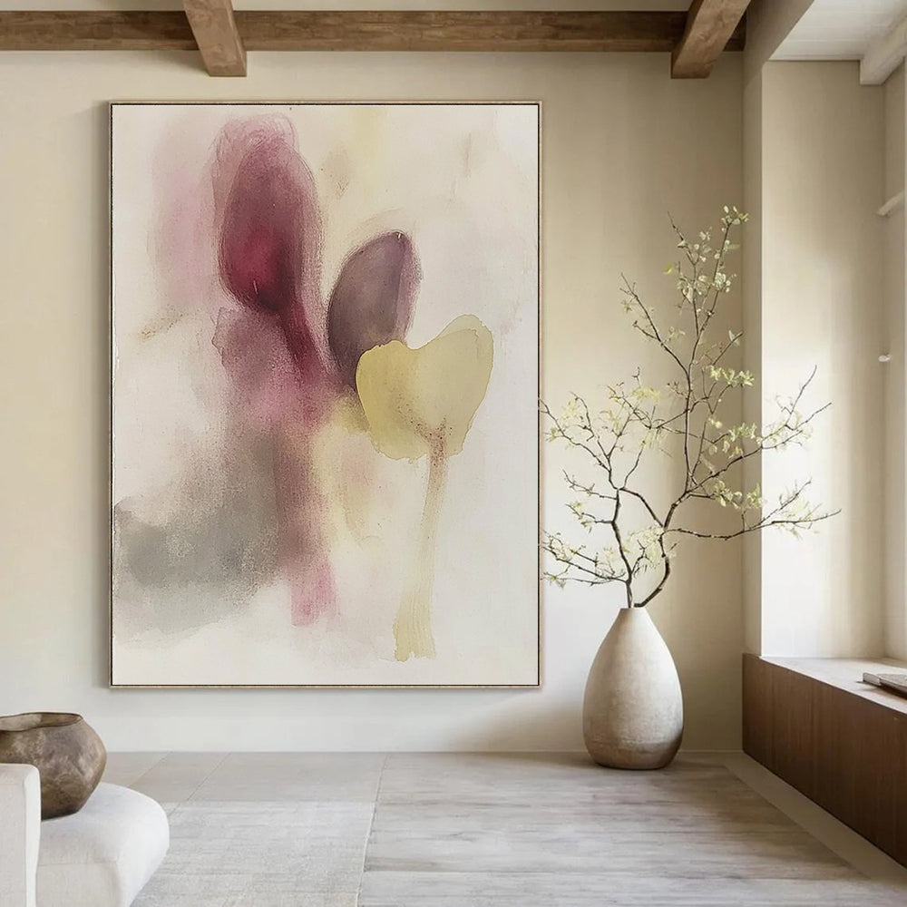Large abstract painting featuring muted colors soft shapes resembling eggplant and flowers with subtle hints of faces in watercolor.STSC503