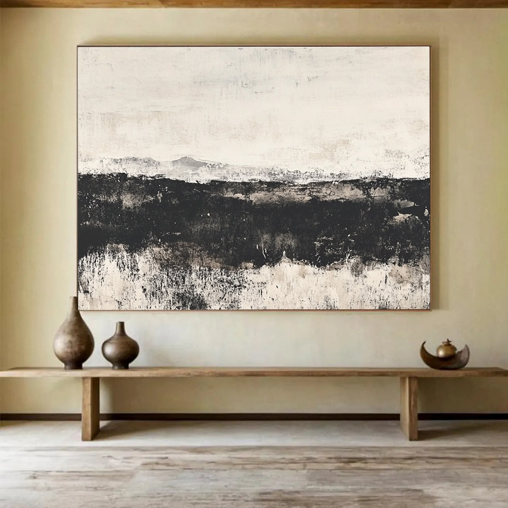 Large abstract painting of the English countryside featuring an open field and distant hills with a textured watercolor effect and calming gray gradient backdrop.SC014