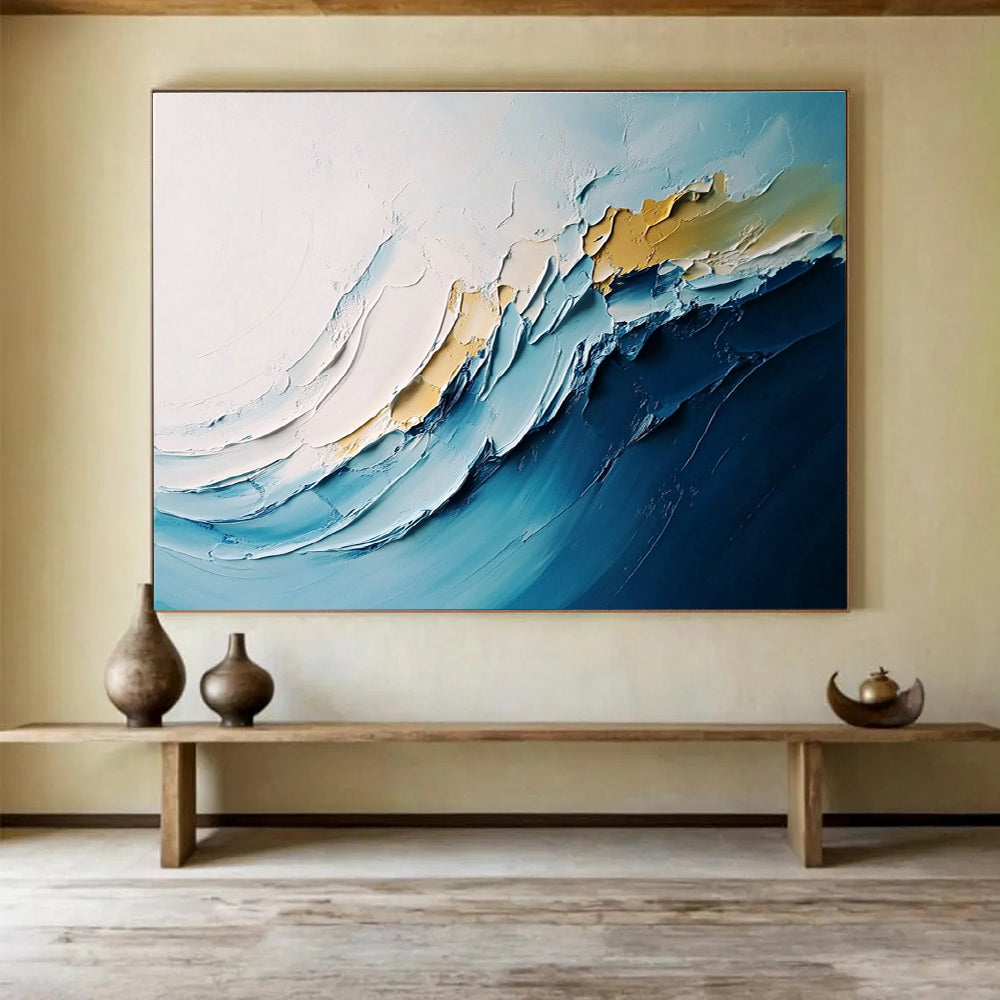 Large abstract waves painting with thick impasto layers in white and blue hues, perfect for modern decor.SC368