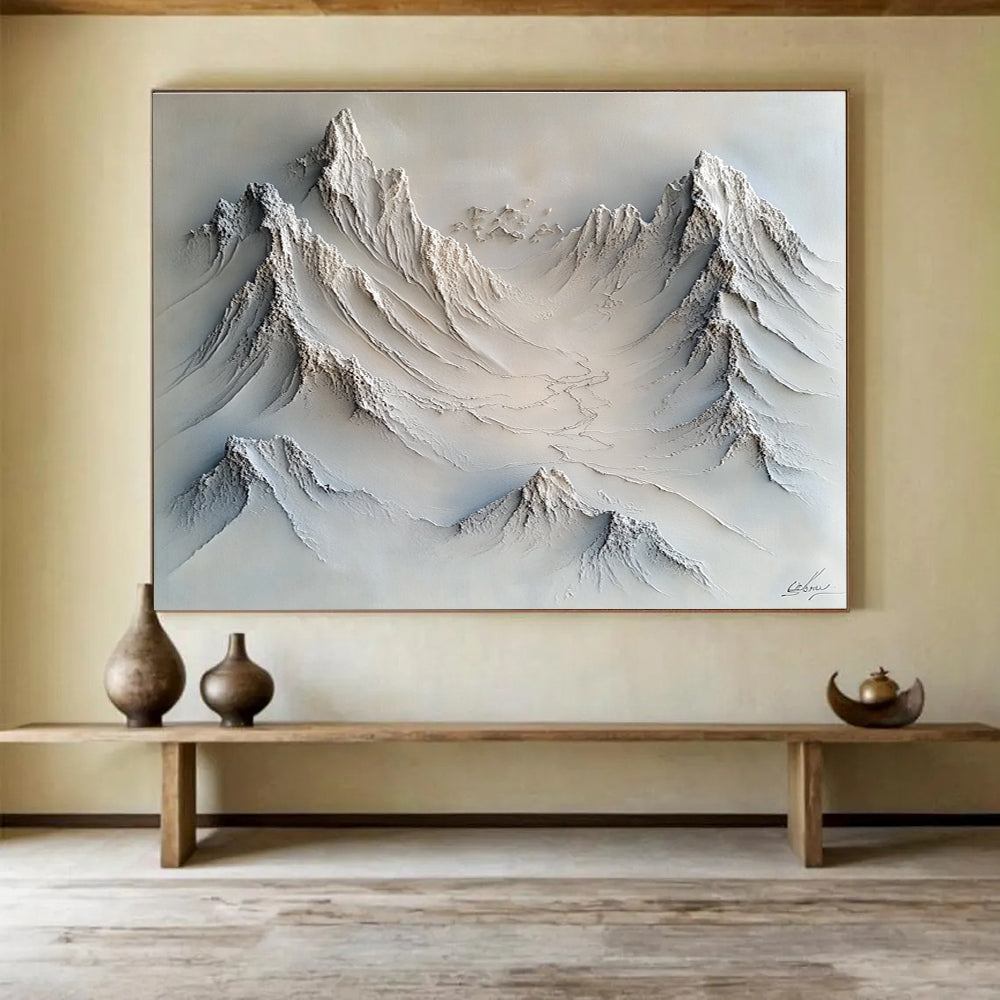 Large abstract painting with soft impasto textures in gray and white featuring snow-covered peaks and valleys for a serene visual experience.SC509