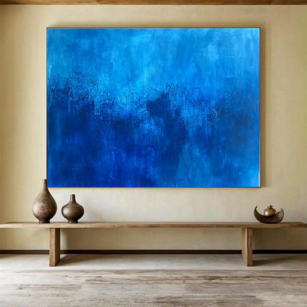 Abstract blue painting featuring deep blue hues and minimalist underwater elements inspired by Le Pho.SC036