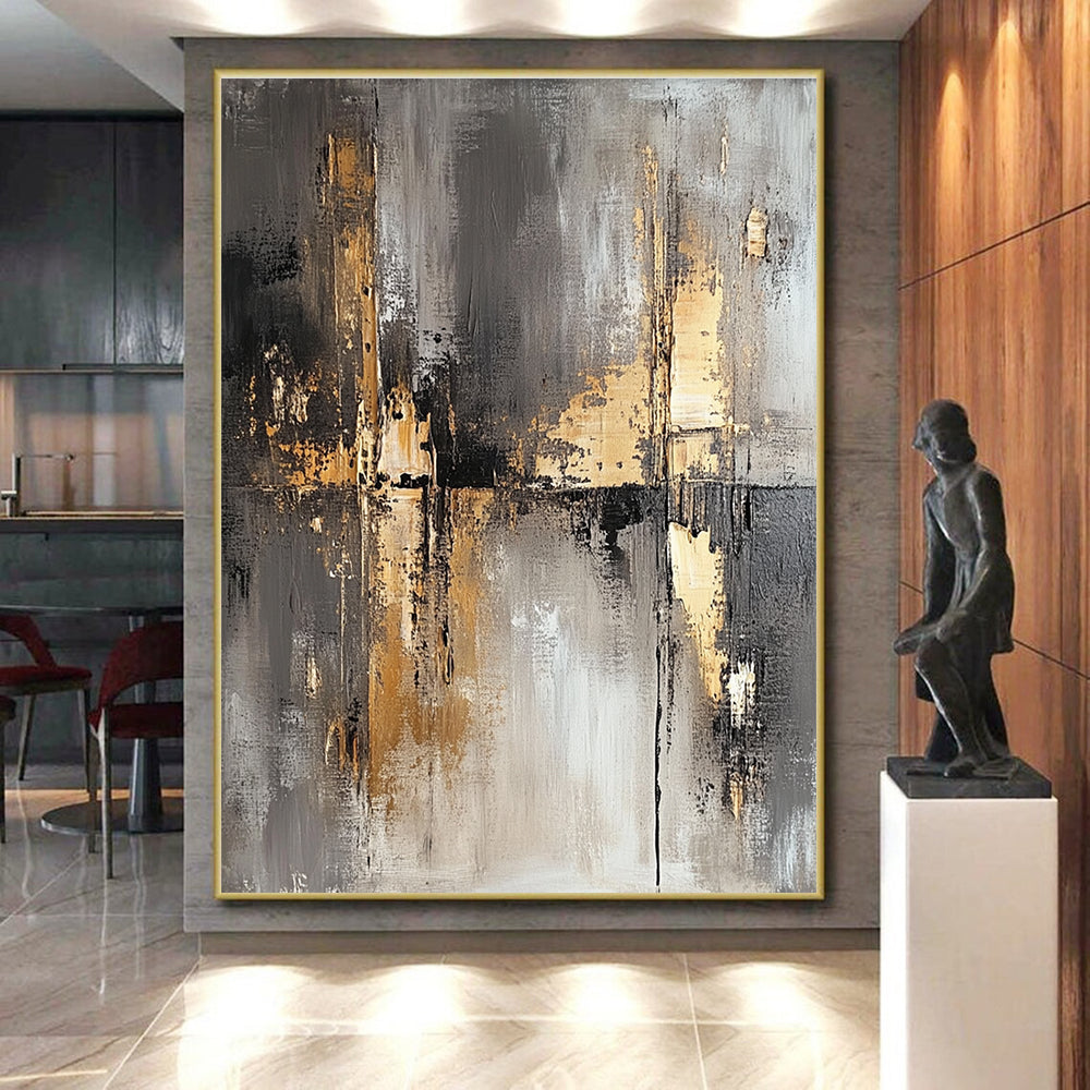 Gray Gold and Black Abstract Painting with Industrial Vibes GER644