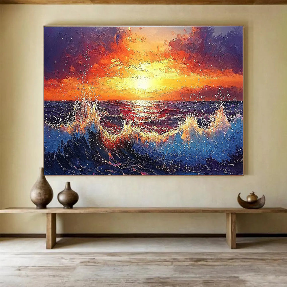 Sunset Sea Abstract Painting with Orange, Red, and Blue Tones THY165