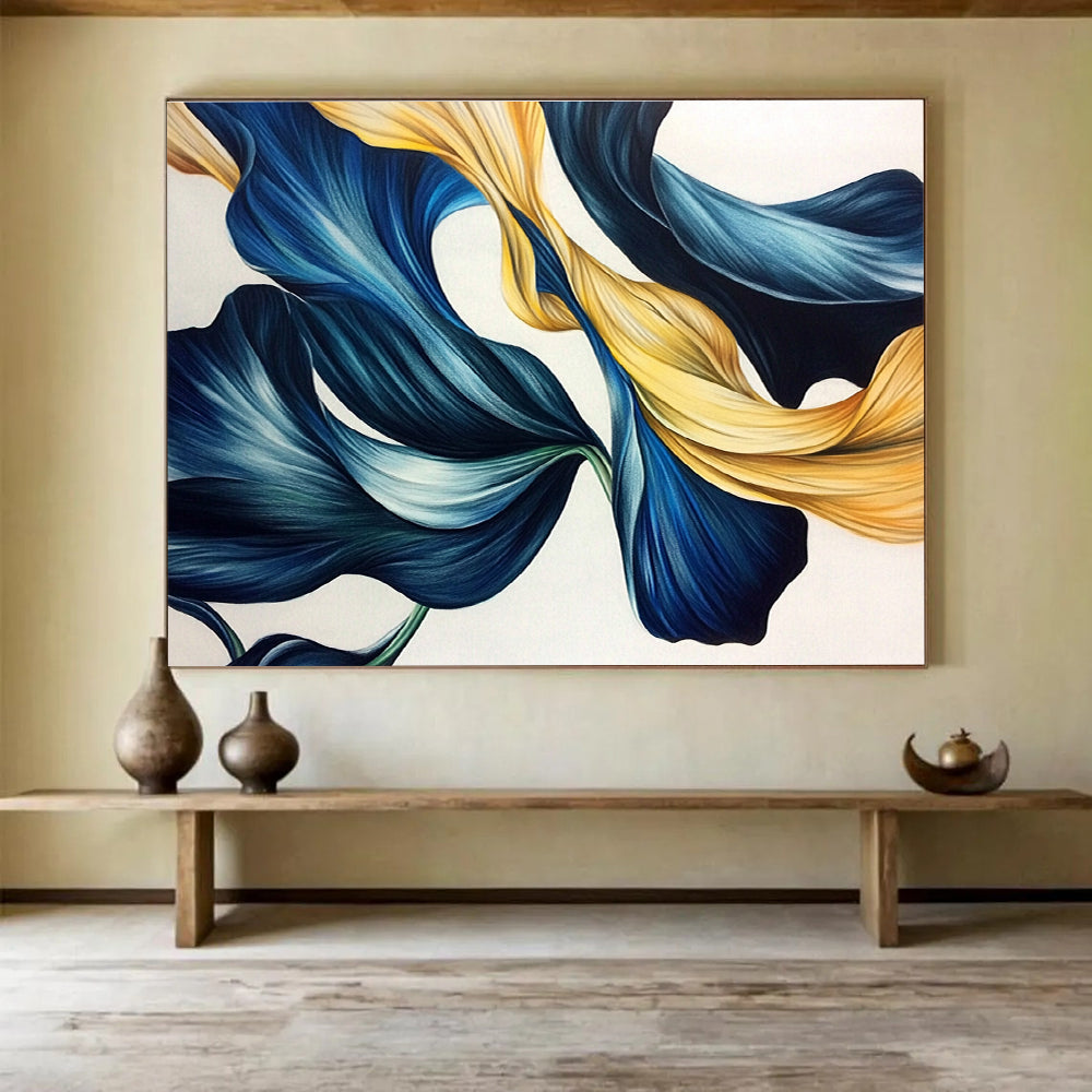 An abstract drawing of blue and gold tulip leaves with flowing lines in dark green and light gray on a white background.SC583