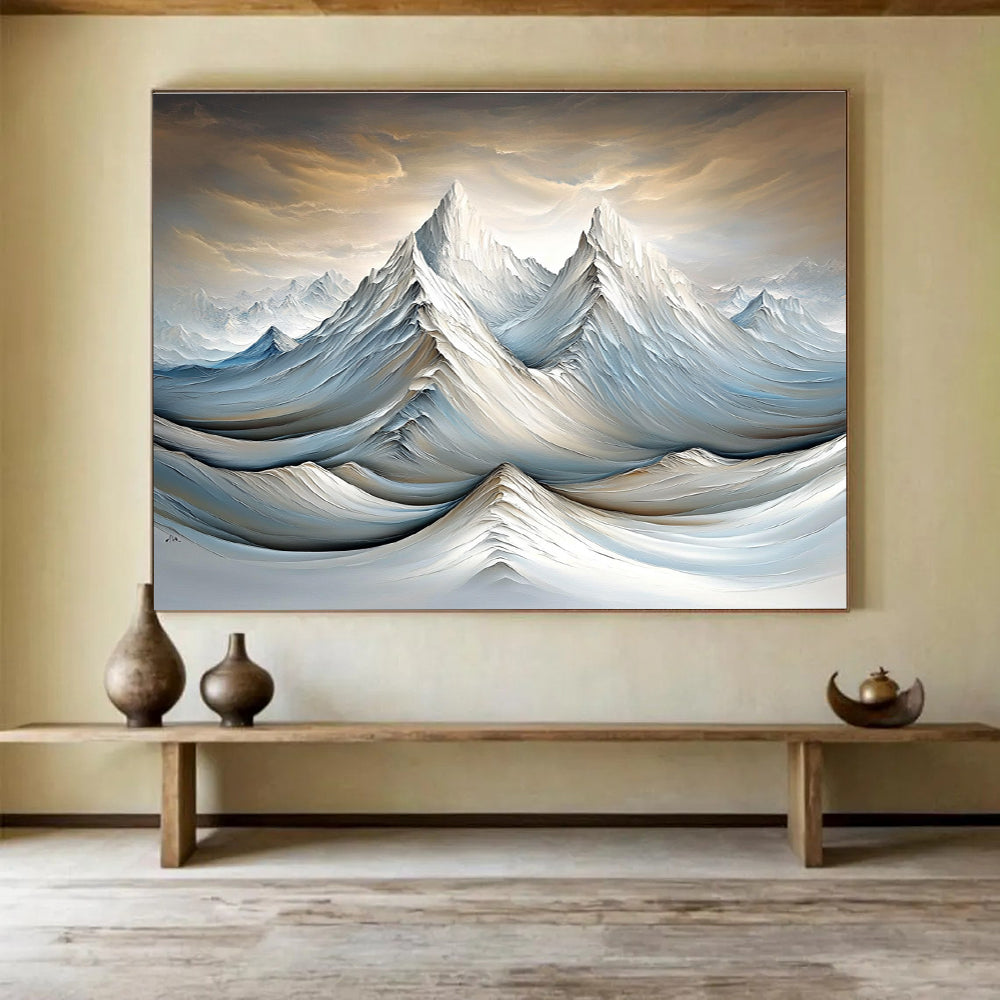 A large abstract painting featuring snowy mountains and rivers with soft lighting and delicate brushstrokes in a surreal gray and brown atmosphere.SC612