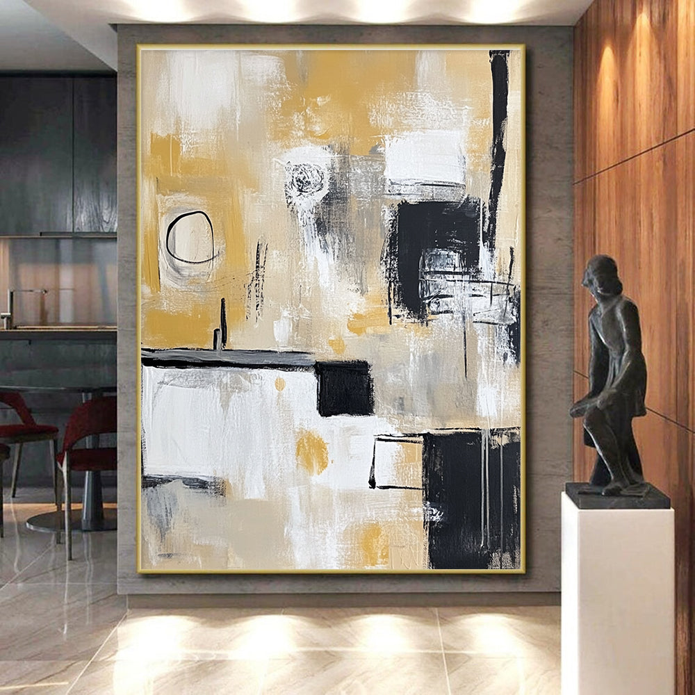 Yellow - Toned Abstract Painting with Black, White, and Beige GER321