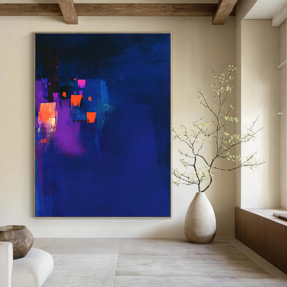 Large abstract painting in dark blue and violet with glowing orange highlights and a dark background capturing a chiaroscuro effect.STSC544