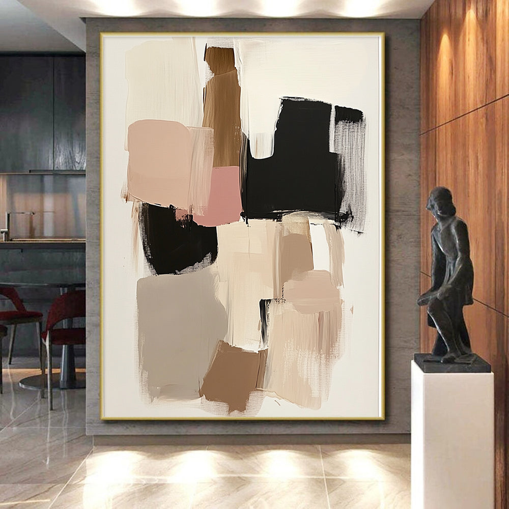 Beige Pink and Black Abstract Painting with Geometric Shapes GER480