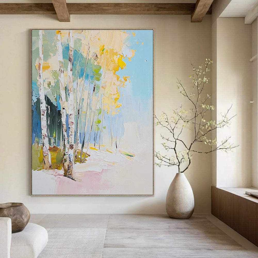Large abstract oil painting of birch trees with a light blue sky white yellow leaves and white snow featuring impasto brushstrokes.STSC180
