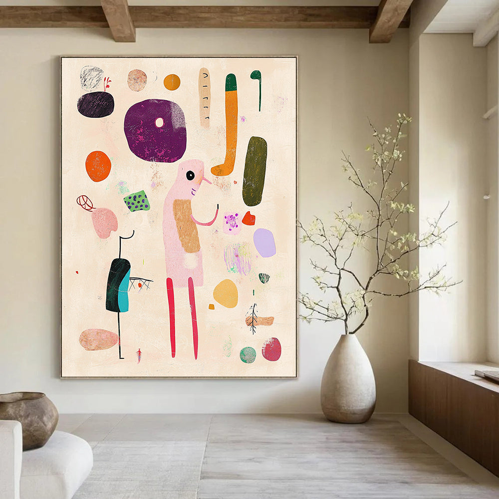 Large abstract artwork featuring hand-drawn shapes and playful lines on a beige background with pink and green accents.STSC1287