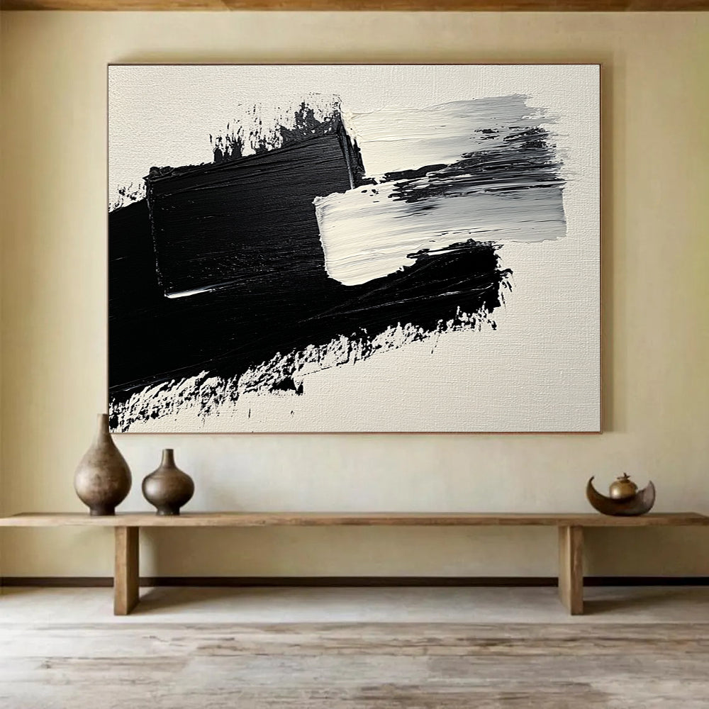 Black White Abstract Strokes Painting with Textured Brushstrokes DYP572