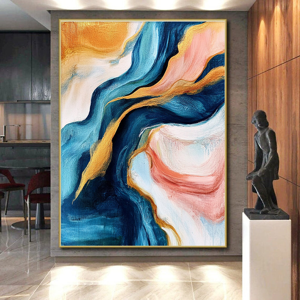 Blue and Gold Abstract Painting with Flowing Motions GER464