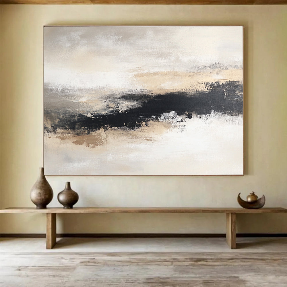 Beige and Black Abstract Painting with Landscape Motifs DYP405