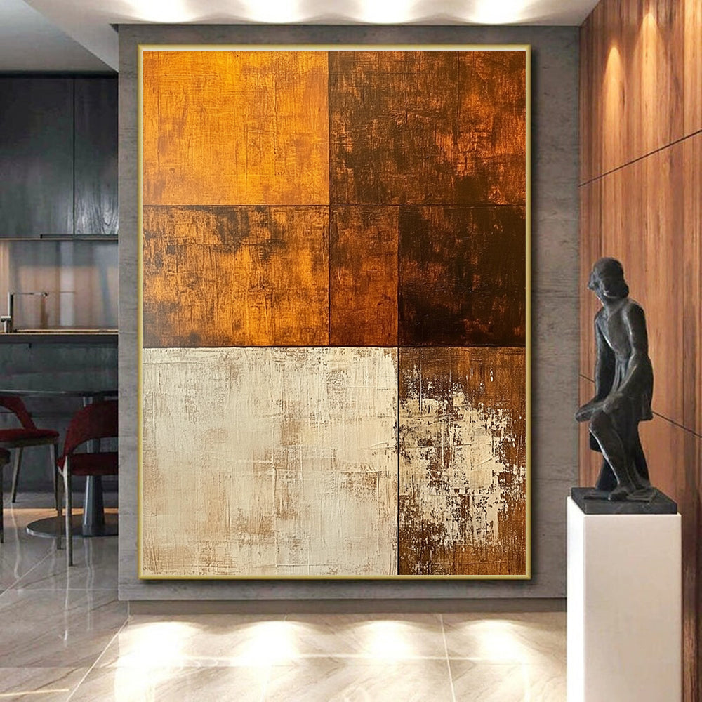 Brown and Beige Geometric Patchwork Abstract Painting GER210