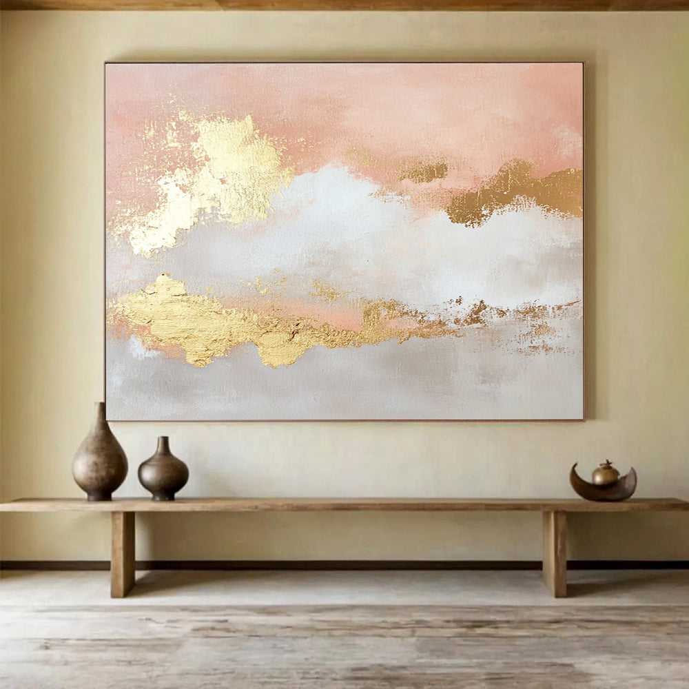 Pink and Gold Abstract Painting with Cloud - like Forms DYP395