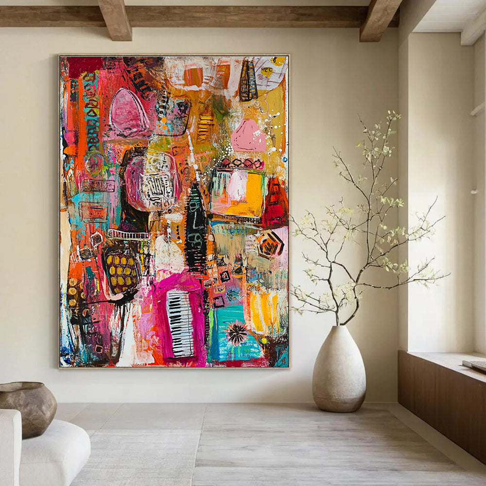 Large abstract painting featuring vibrant colors and dynamic shapes, showcasing lively patterns with diverse objects like books, instruments, and animals.STSC821