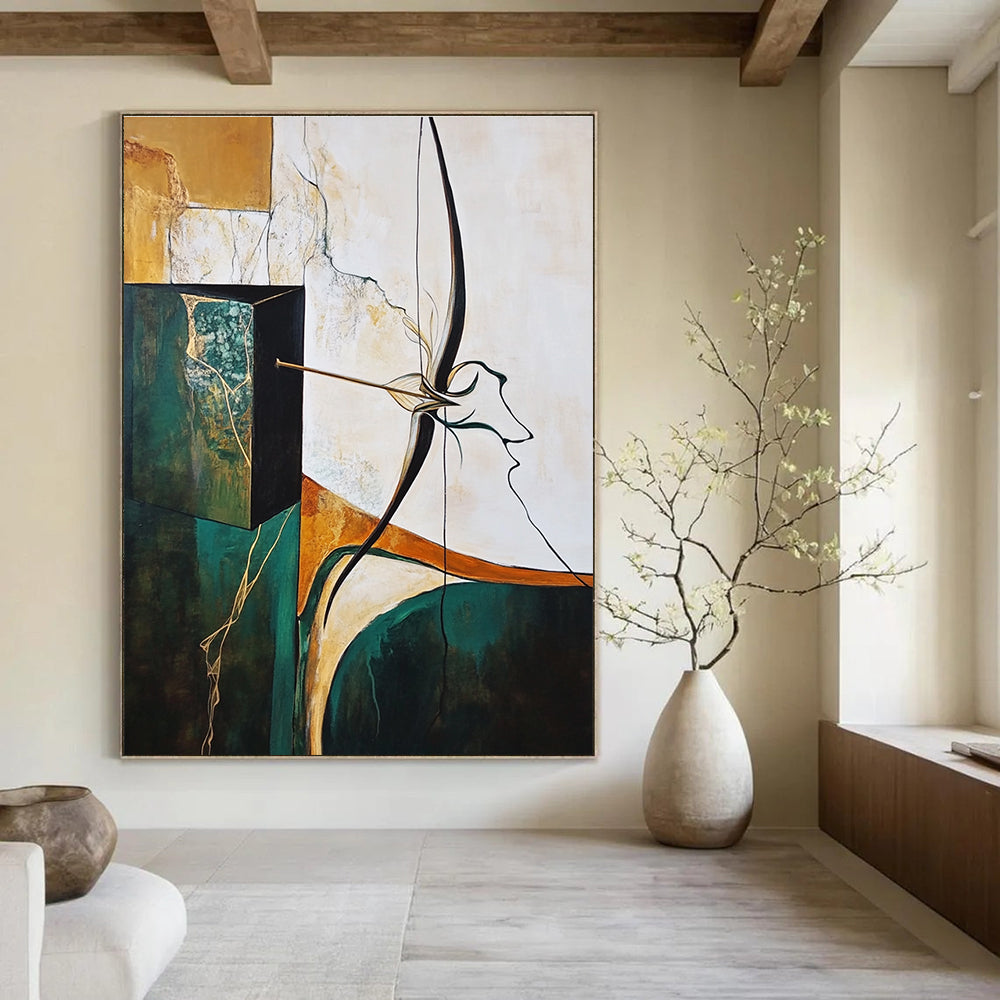 A large abstract painting featuring an archer's bow and arrow with surreal elements in earthy tones and soft pastels, emphasizing depth and texture.STSC637