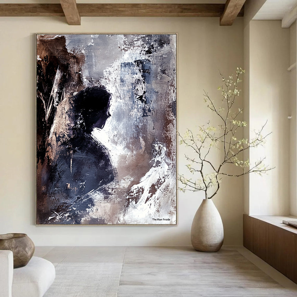 Large abstract painting of an ancient cave interior featuring a human figure in profile with strong brushstrokes conveying depth tension and mystery.STSC340