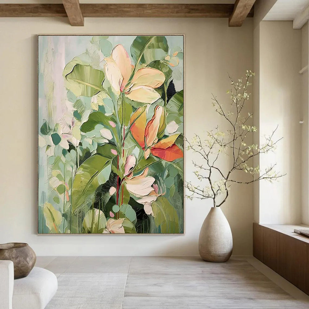 Green and Beige Tropical Flowers Abstract Painting ADGE083