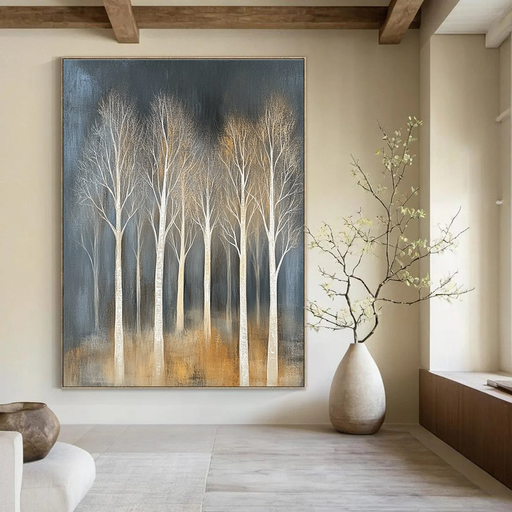 Large abstract painting featuring trees with white branches on a textured canvas in muted tones against a dark gray background.STSC353