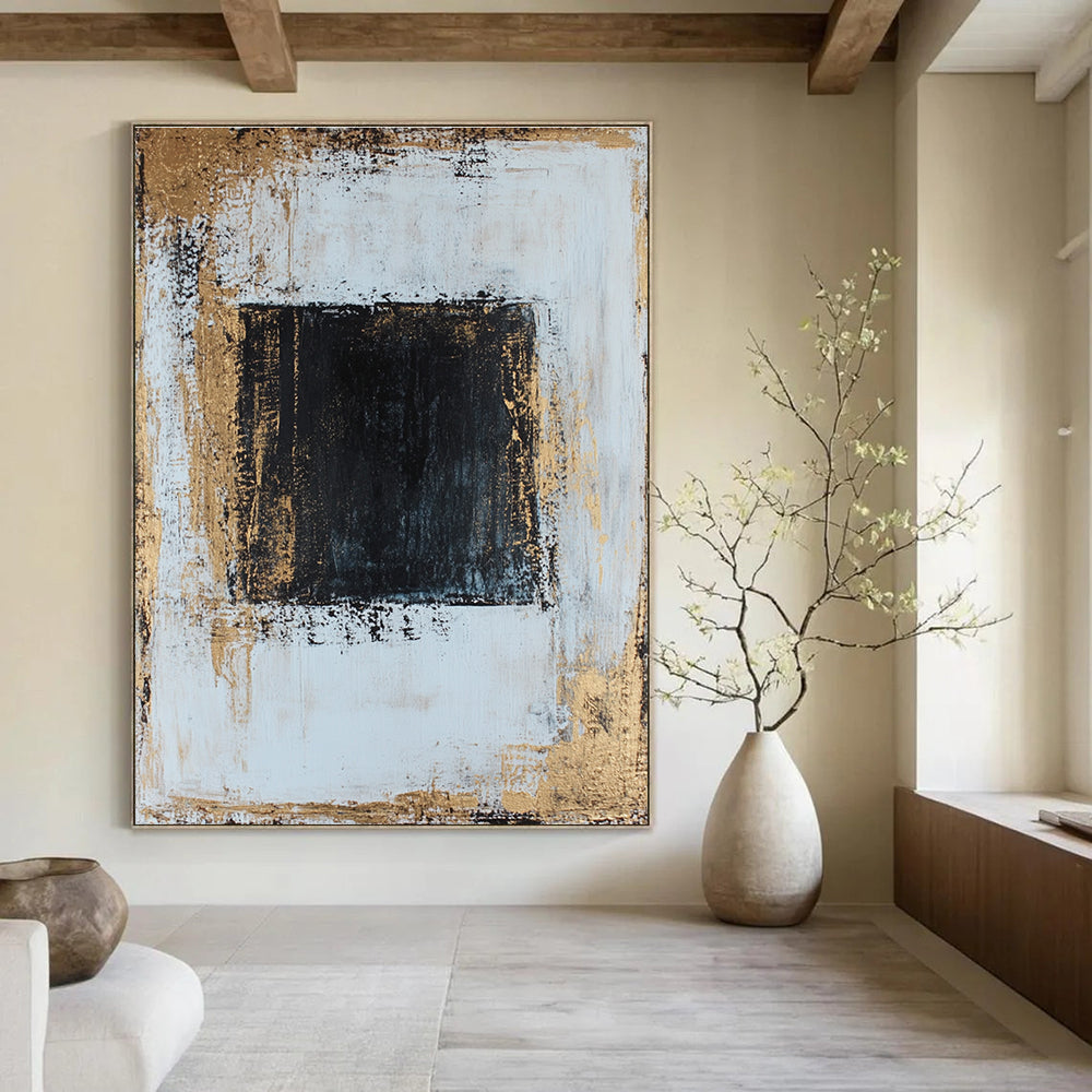 Large abstract painting in white and gold with textured canvas dark blue center perfect composition and golden ratio details.STSC382