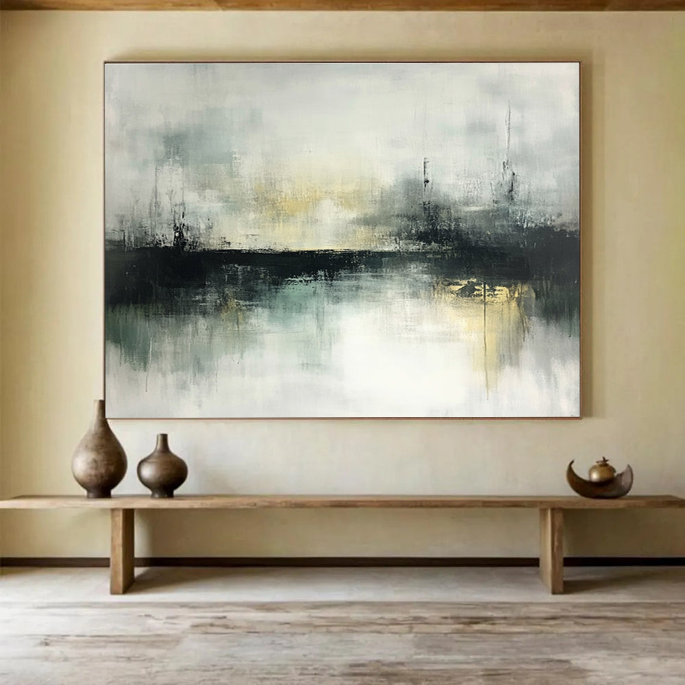 Large abstract painting of misty landscapes featuring muted greens and grays with soft edges and an atmospheric quality ideal for modern art lovers.SC196