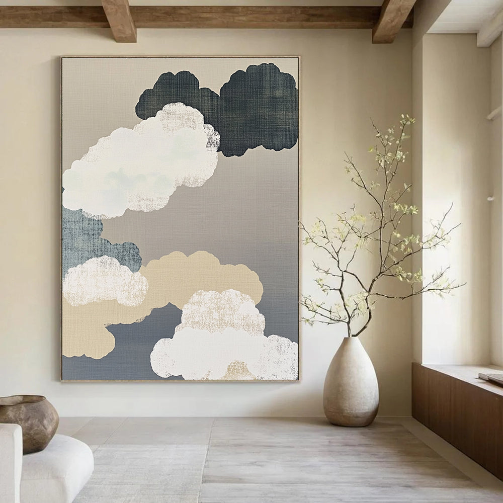 Large abstract painting featuring delicate brushwork with white clouds gray background and organic shapes in a minimalist beige color scheme.STSC1149