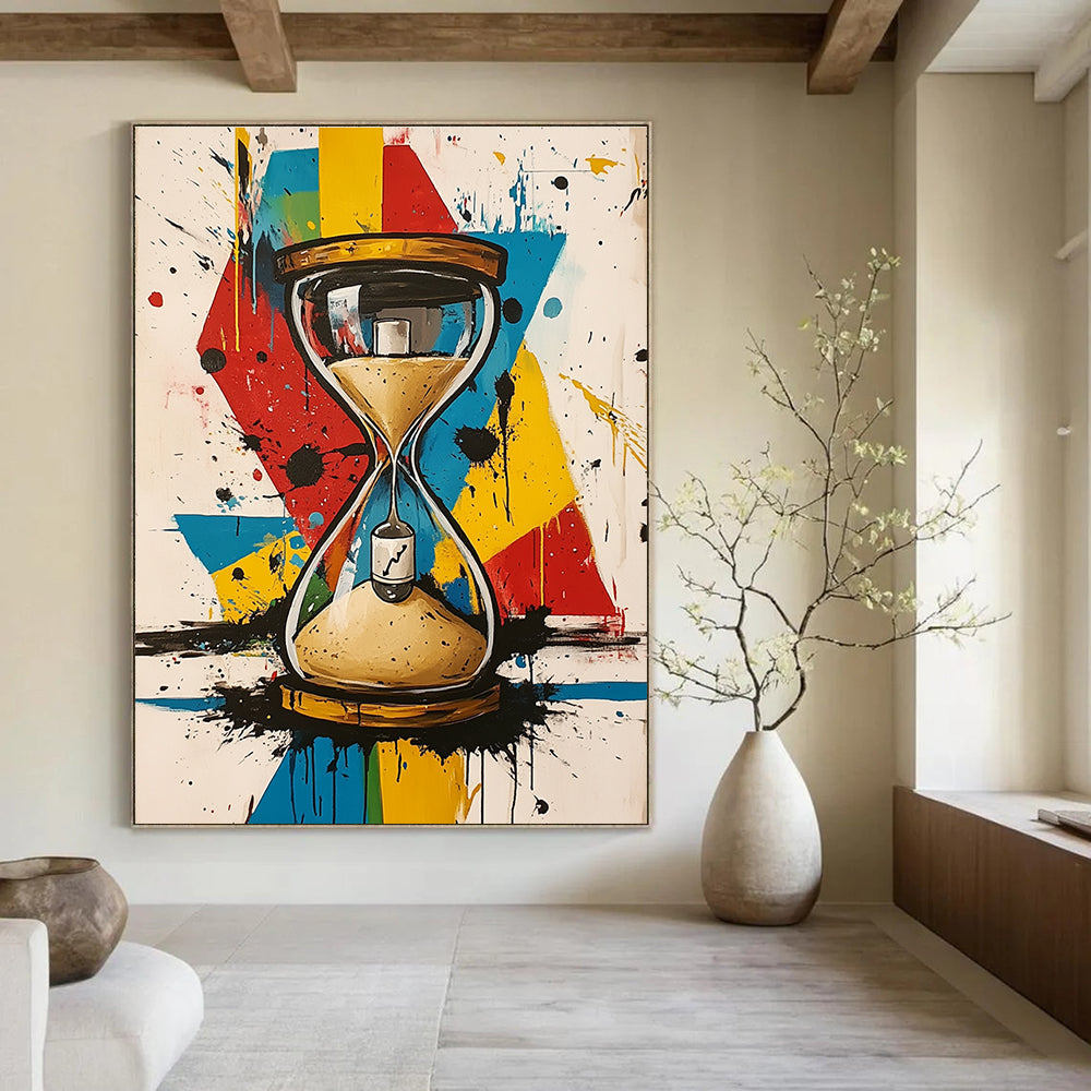A large abstract painting featuring an hourglass with a bottle in the sand and a vibrant geometric background with paint splatters.STSC853
