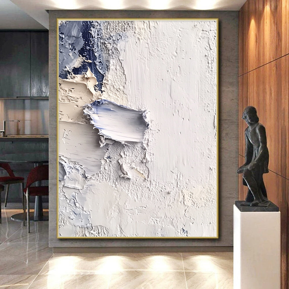 Textured White Blue Abstract Painting with Layered Strokes GER741