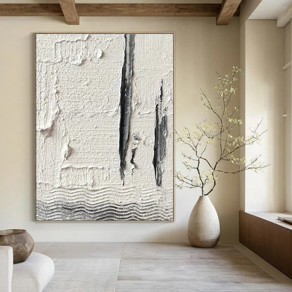Textured White and Gray Abstract Painting with Vertical Elements ADGE371