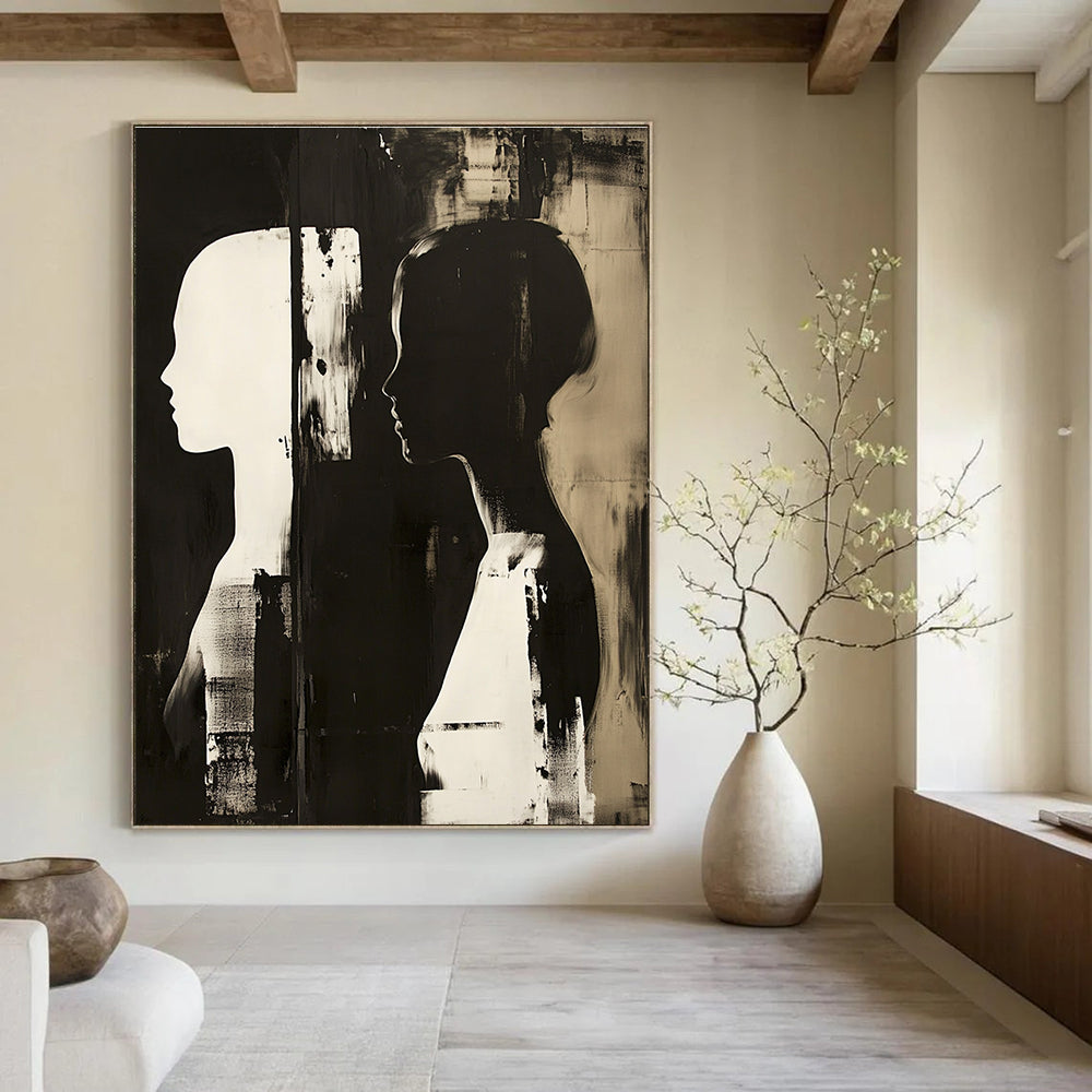 Large abstract painting featuring two profile figures in contrasting tones against a dark monochrome background.STSC1448