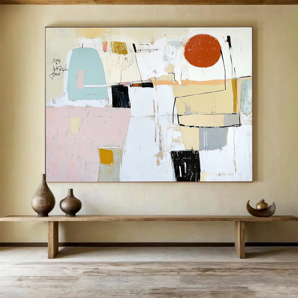 Large abstract painting featuring soft pastel colors, textures, and geometric forms with a prominent red circle and scribbled black text.SC041