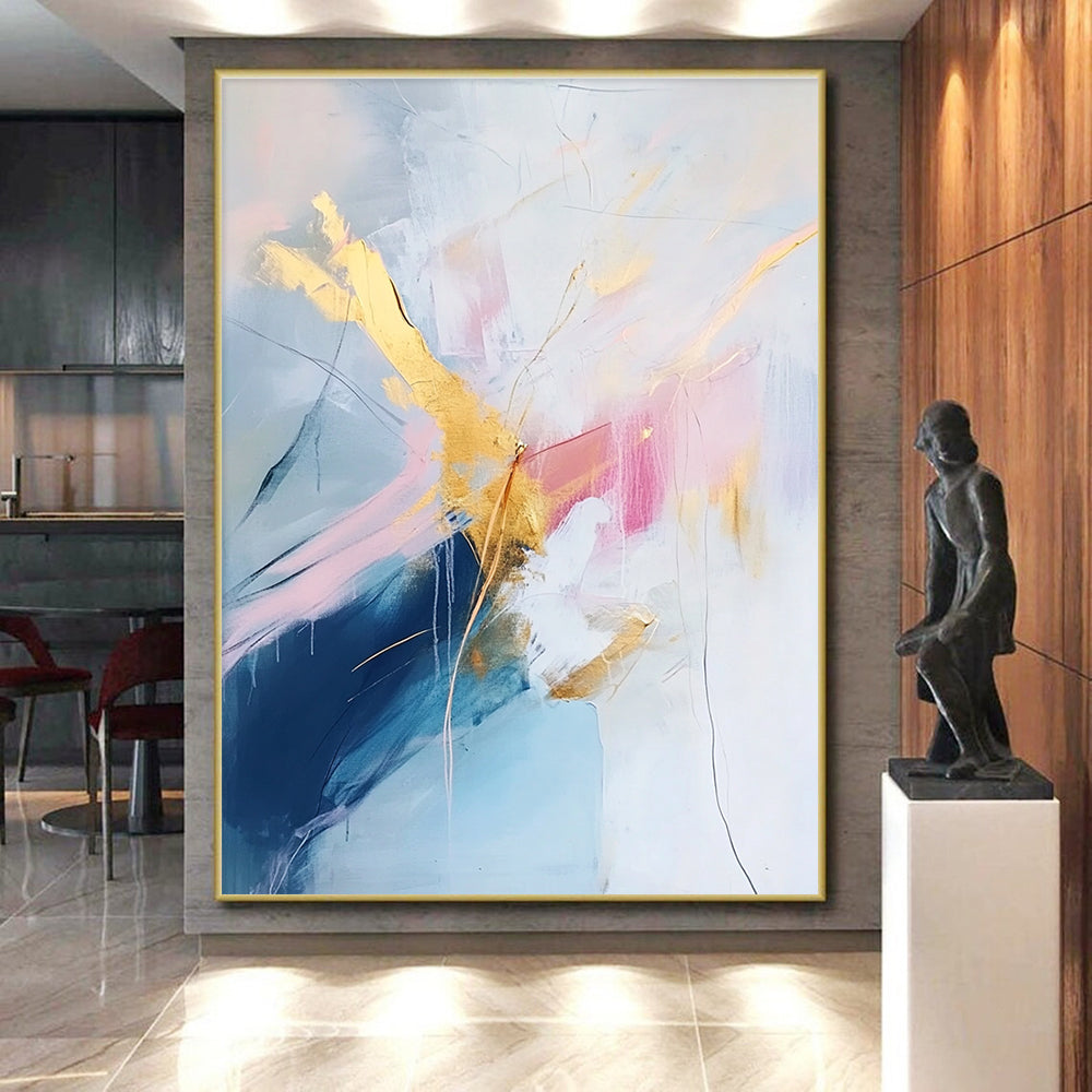 Pastel Gold Abstract Painting with Delicate Lines GER437