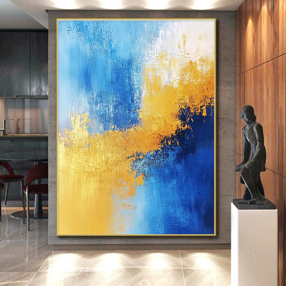Vibrant Blue and Gold Abstract Painting with Energetic Splashes GER379