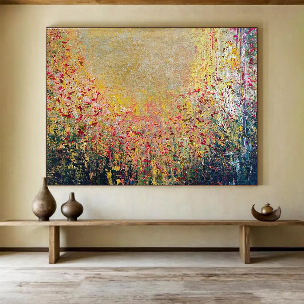 Golden Field Abstract Painting with Vibrant Floral Hues THY325