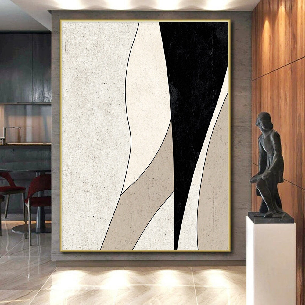 Black and Beige Curved Abstract Painting with Smooth Lines GER058