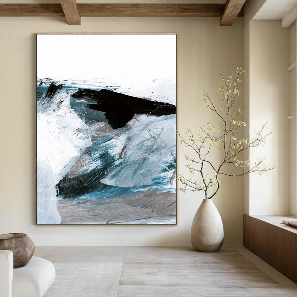 Blue and Black Dynamic Strokes Abstract Painting ADGE220
