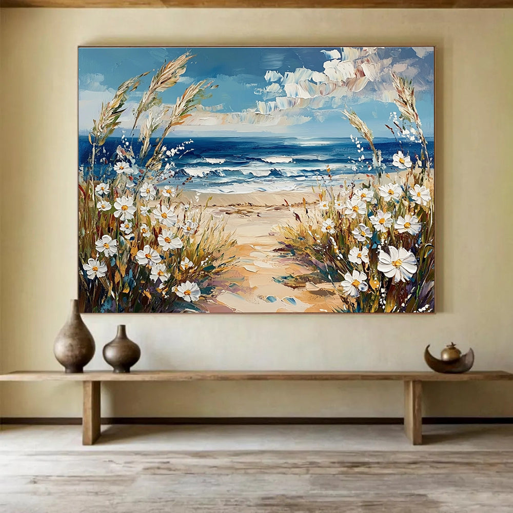 Large abstract painting of the sea with wildflower-covered beach and daisies under a blue sky capturing nature's beauty.SC420