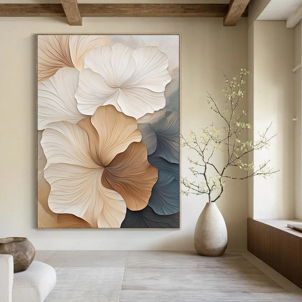 Large abstract artwork featuring textured petals in beige and white showcasing fine lines and depth against a minimalist background.STSC963