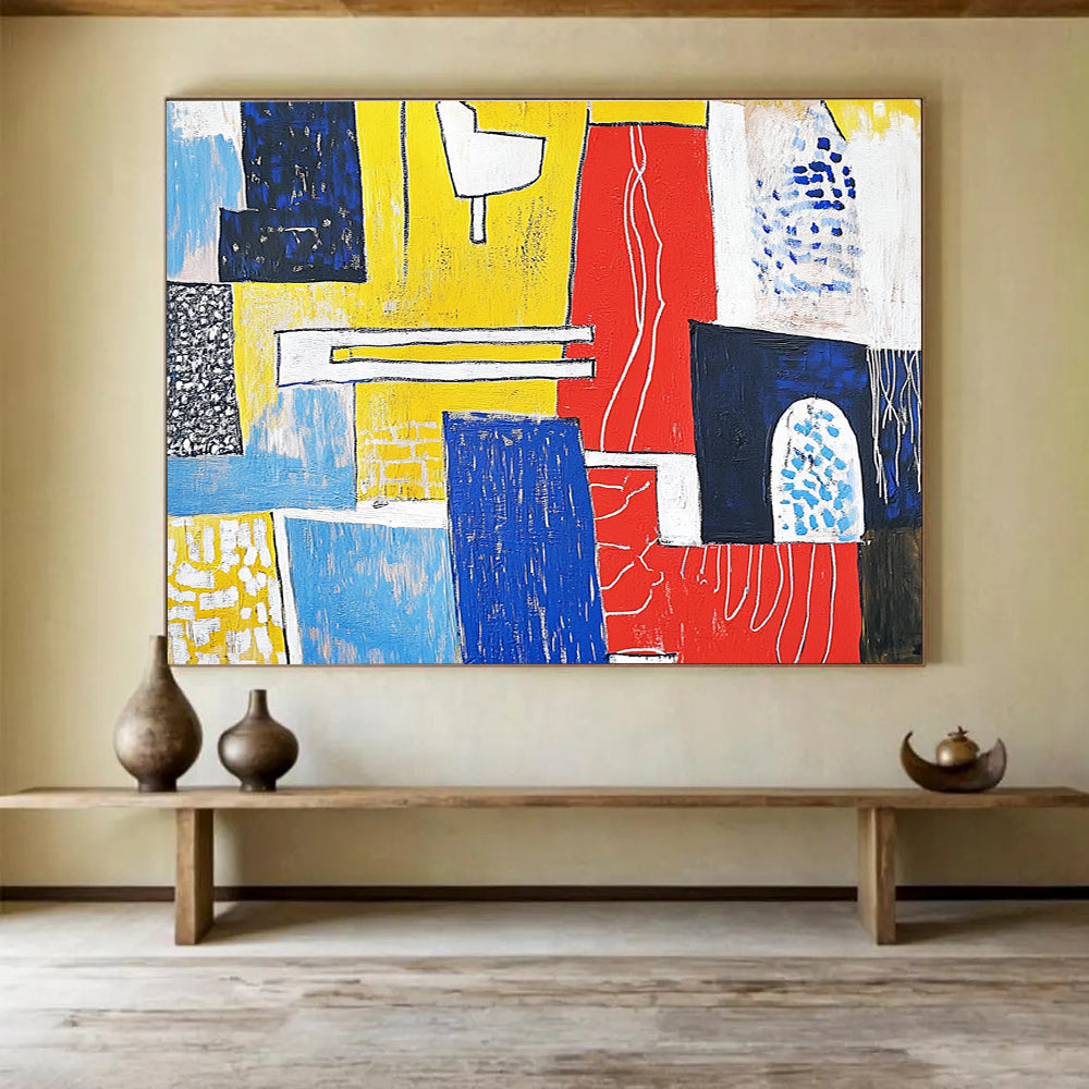 A large abstract painting featuring bold reds and yellows with white lines on blue shapes, capturing urban life and modernist aesthetics.SC516
