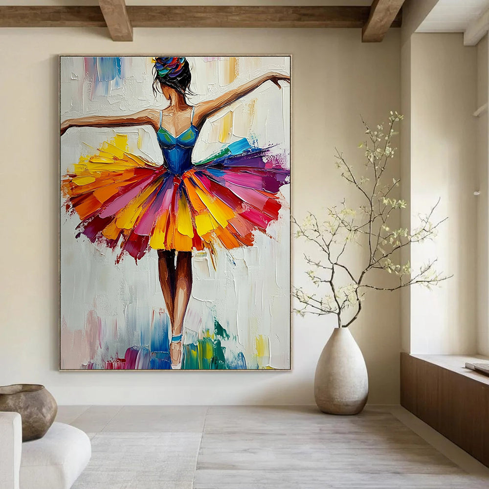 Large abstract painting of a ballerina in a colorful tutu with vibrant brush strokes and palette knife techniques against a white background.STSC156